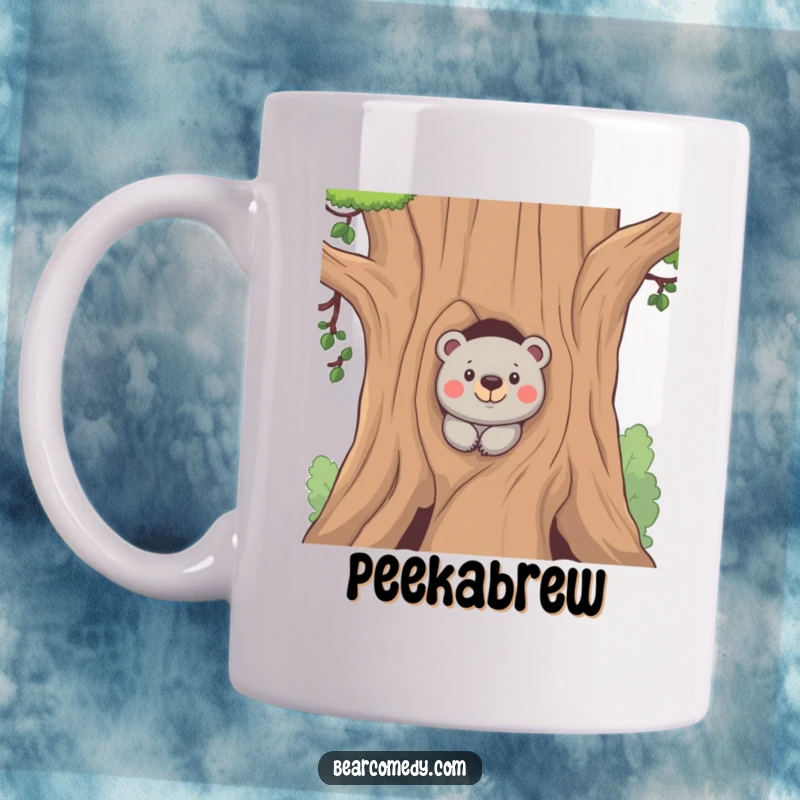 Funny mug featuring a bear character peeking out from behind a giant tree with a sly, mischievous expression, ideal for playful humor.