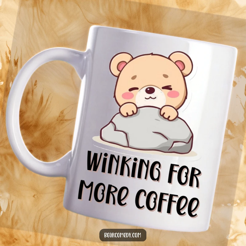Funny bear character with a mischievous wink peeking from behind a rock on a mug, conveying playful secrets.