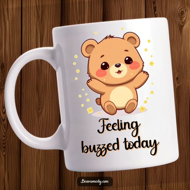 Funny mug with a gleeful bear character spinning with delight, covered in sparkling yellow pollen.
