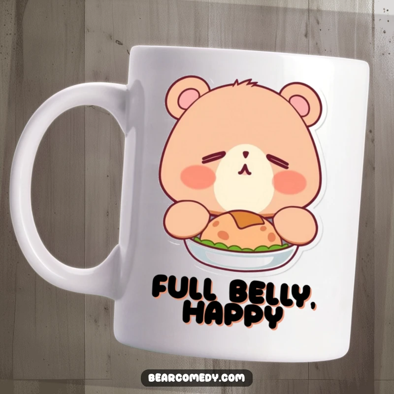 Funny mug featuring a sleepy bear with happy eyes, adorably yawning after a big meal, representing post-feast contentment.