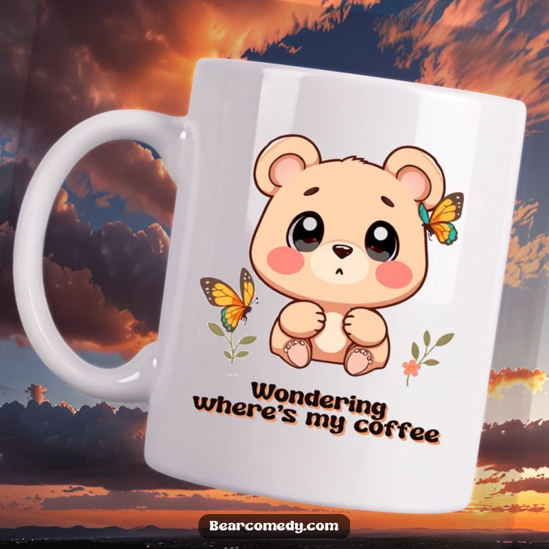 Funny bear character with wide, wondering eyes watching a butterfly on a mug, conveying innocence and joy.