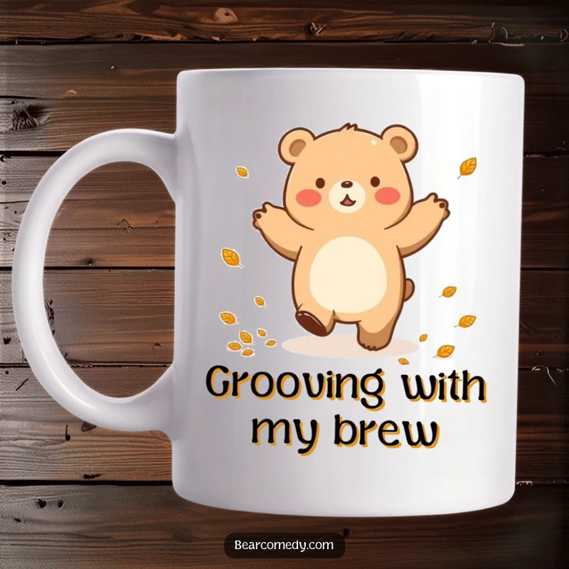 Funny mug showing a happy bear character doing a lumbering dance, surrounded by colorful falling leaves.