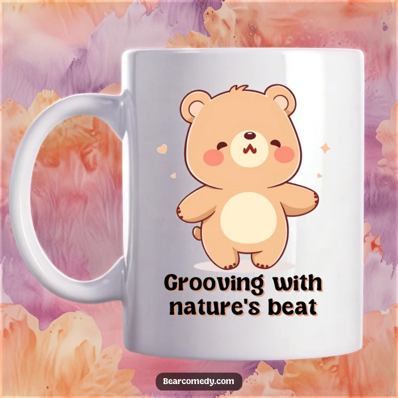 Funny mug featuring a bear character joyfully humming and swaying its body to the rhythm of a gentle breeze.