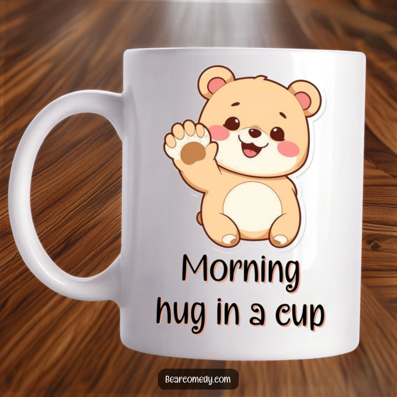 Funny mug featuring a cute bear character with a happy grin, waving its oversized paw enthusiastically.
