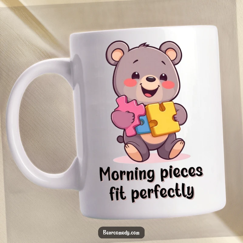 Funny bear mug featuring a smiling bear character skillfully balancing a stack of colorful puzzle pieces, symbolizing accomplishment.