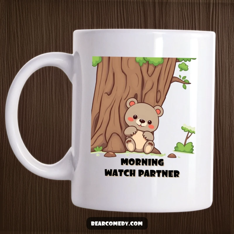 Funny bear mug featuring a bear with curious paws peeking out from behind a giant, friendly tree, inviting playful interaction.