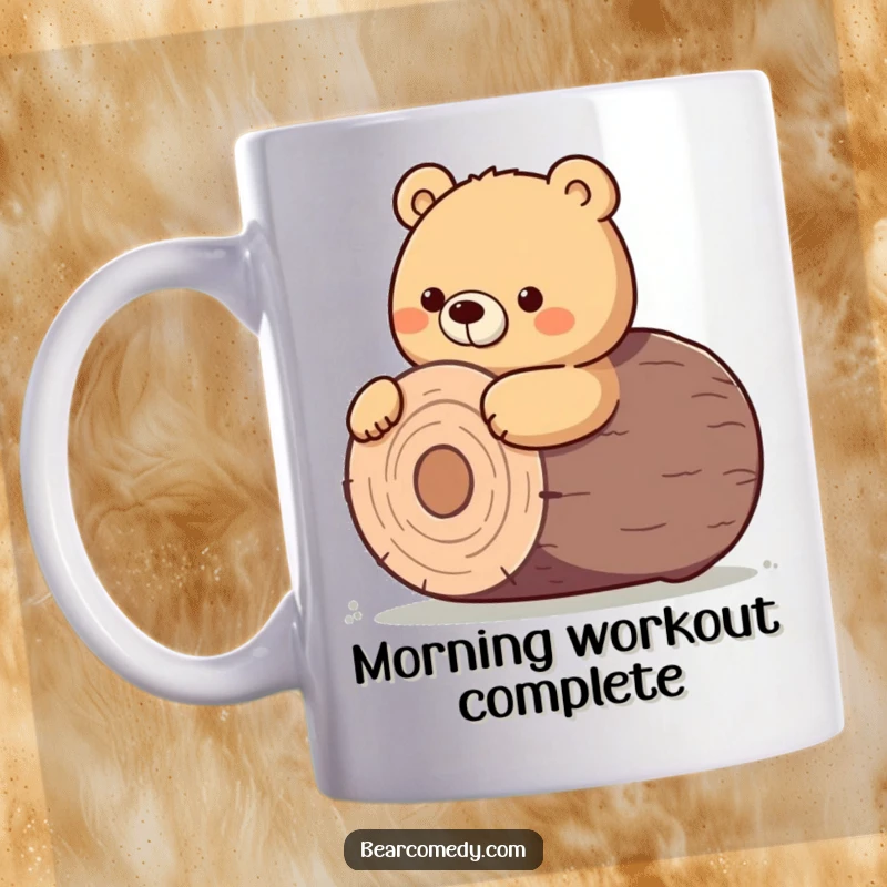 Funny mug featuring a bear character giving a determined nudge to roll a giant, round log uphill.