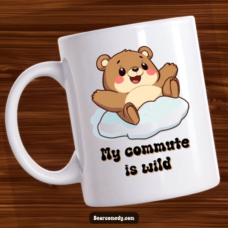 Funny mug showing a bear character comically sliding on ice with a look of surprised delight, capturing winter's unpredictable fun.