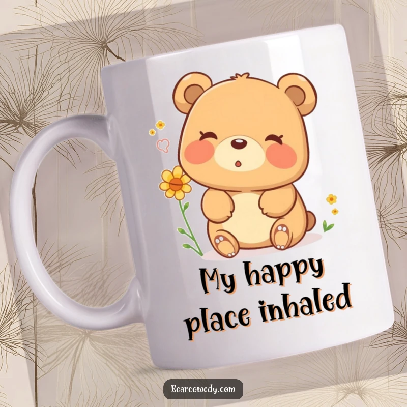 Funny mug featuring a happy bear character gently blowing a puff of pollen with a contented sigh, radiating a sense of calm amusement.