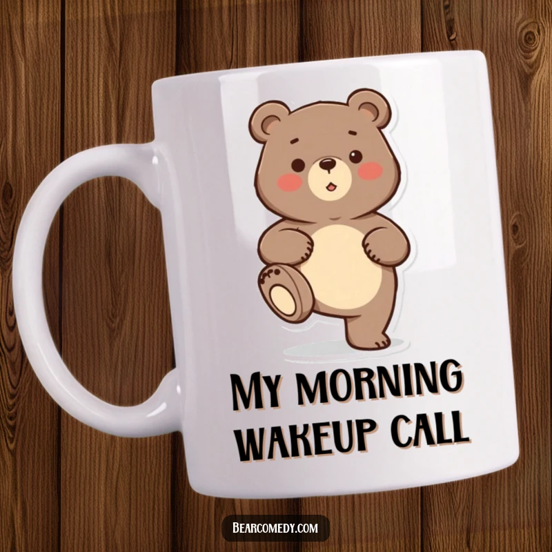 Funny bear character playfully stomping its foot on a mug, conveying energetic fun and humor.