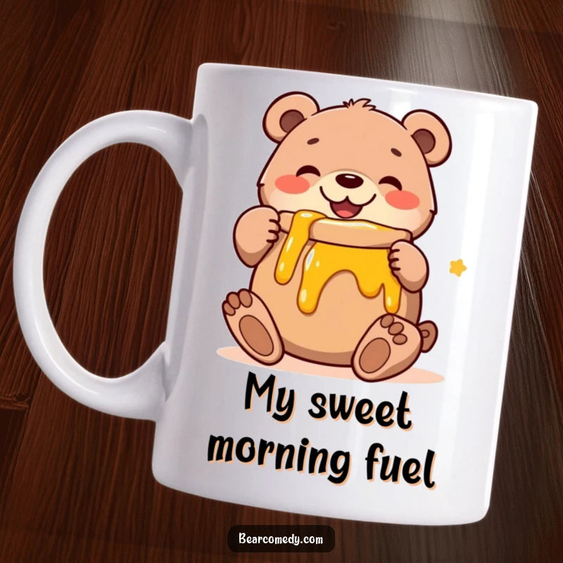 Funny mug featuring a happy bear character blissfully hugging a giant pot of honey, radiating pure joy and a love for sweets.