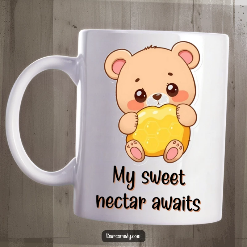 Funny adorable bear character with big round eyes, happily hugging a giant honeycomb, perfect for a cozy morning coffee.