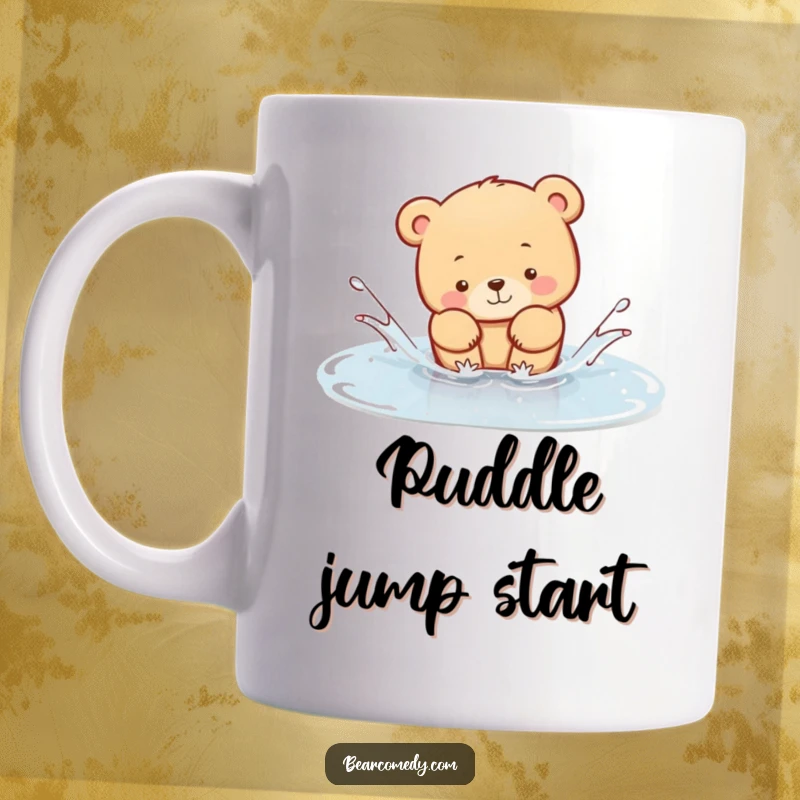 Funny Mug featuring a happy bear animal playfully splashing in a clear puddle, embodying childish delight and wet-pawed fun.