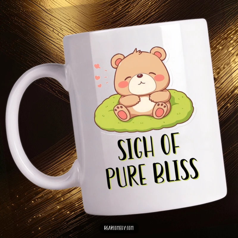 Funny mug featuring a bear character letting out a big, happy sigh while lounging deeply on a soft, mossy bed.