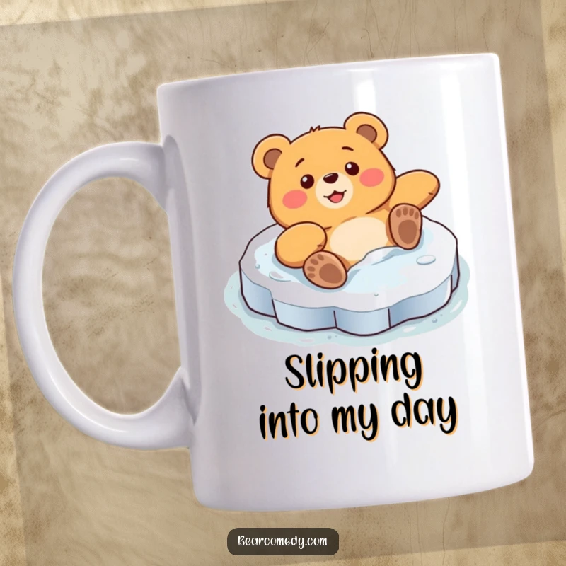 Funny mug featuring a bear character comically sliding on ice with surprised delight, legs flailing in a humorous fall.