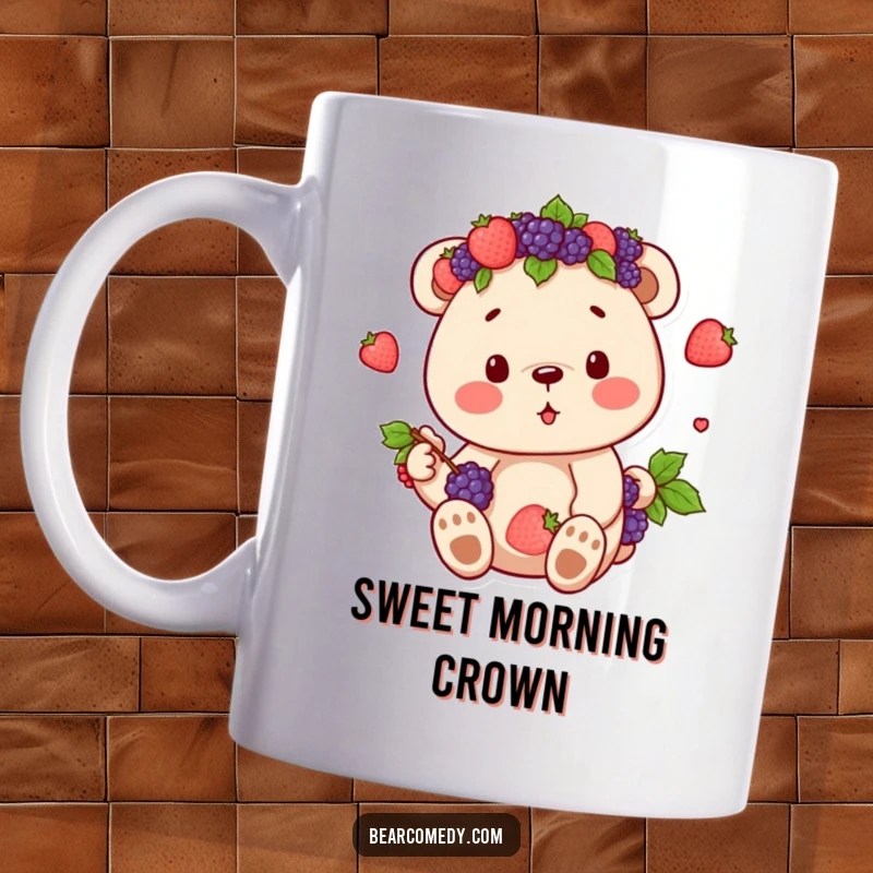 Funny mug featuring a bear character wearing a crown of berries, blissfully enjoying its sweet bounty with a contented expression.