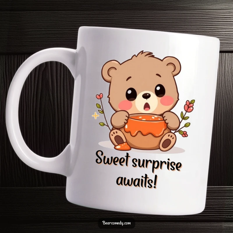 Funny mug featuring a bear character with a surprised squeak, eyes wide, discovering a hidden pot of jam.