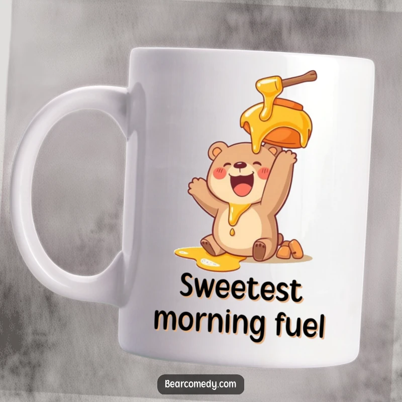 Funny mug with a happy bear character reaching enthusiastically for a dripping honey pot, expressing pure bliss and a love for sweets.