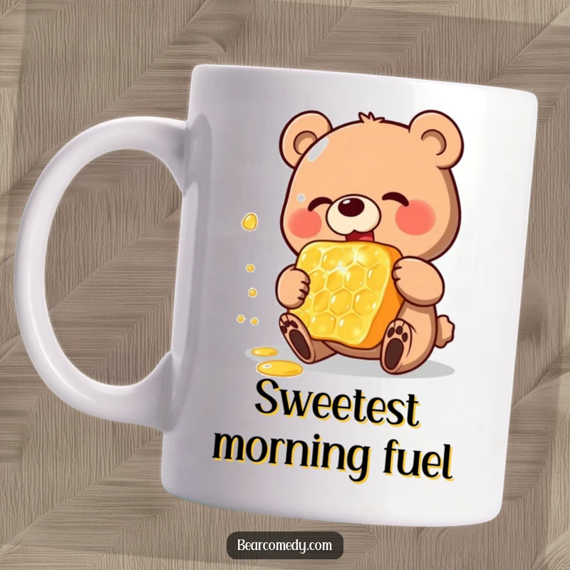 Funny mug featuring a happy bear character enthusiastically eating a gigantic, shimmering honeycomb, symbolizing pure joy and delicious indulgence.