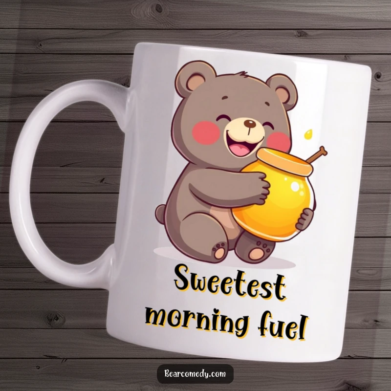 Funny mug with a smiling bear character hugging a giant, glowing honey pot, radiating pure joy and sweetness.