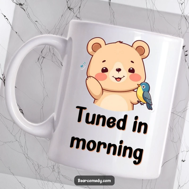 Funny Mug showing a happy bear with perked ears, attentively listening to a small bird, embodying peaceful curiosity and gentle humor.