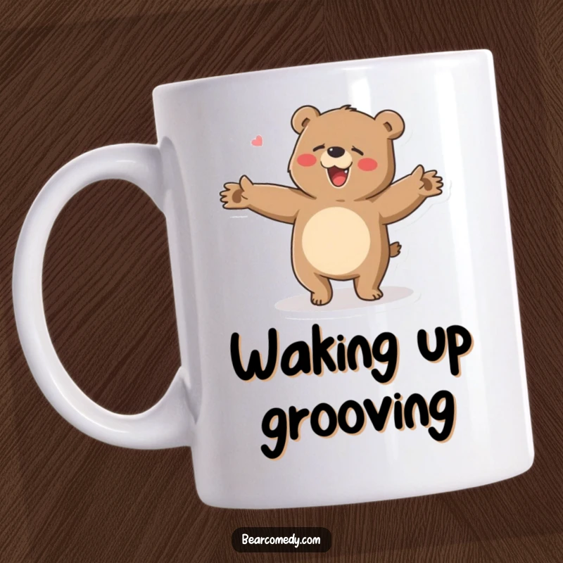 Funny mug featuring a bear character doing a clumsy, happy dance with arms flailing, radiating pure, uninhibited joy.
