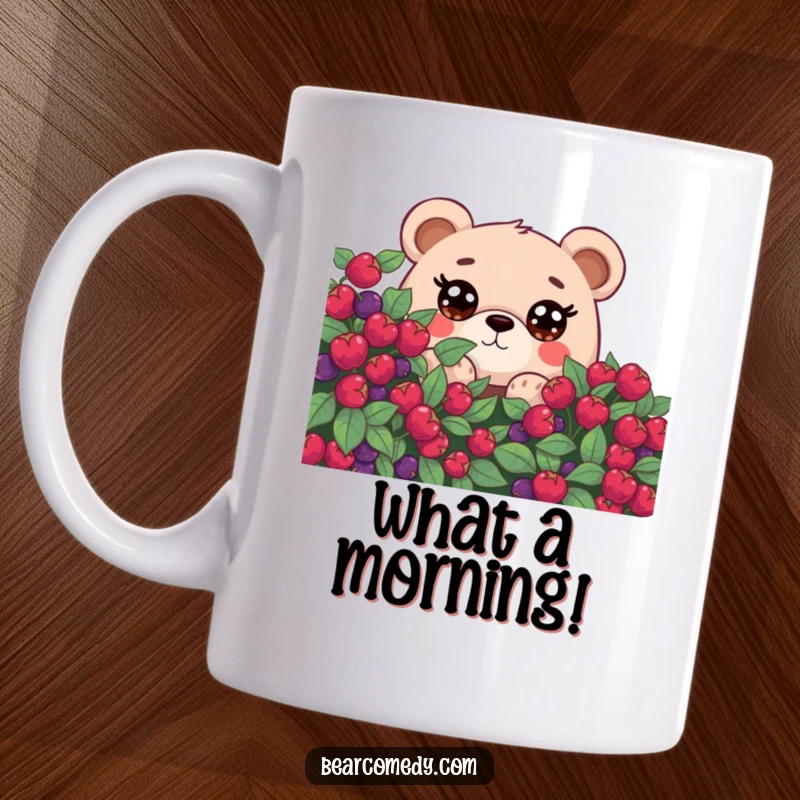 Funny mug with a bear character with oversized, curious eyes, peeking playfully from behind a large, lush berry bush.