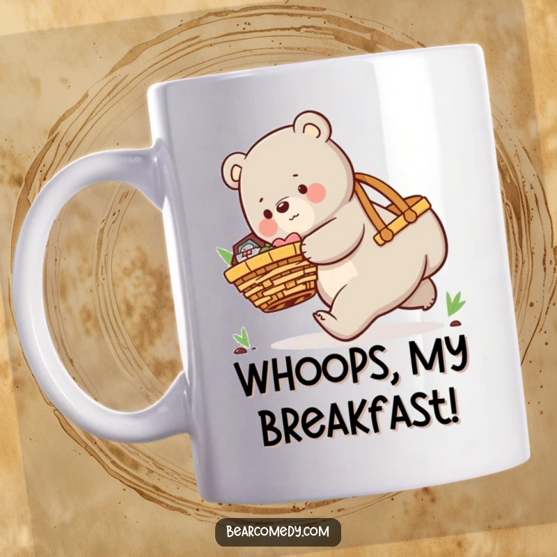 Funny mug with a playful bear character comically tripping while carrying an oversized picnic basket, spilling some goodies.
