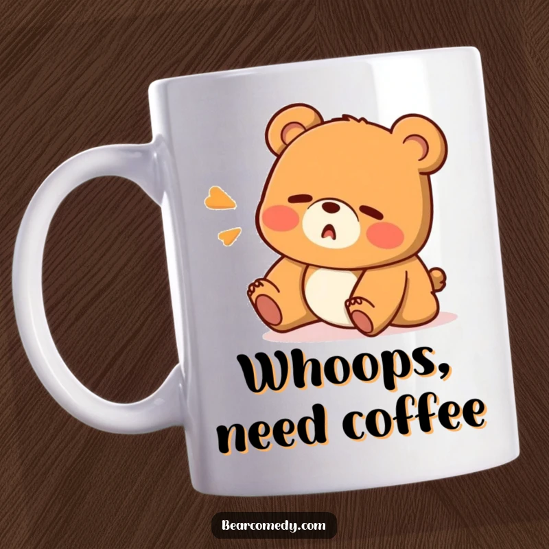 Funny mug featuring a cartoon bear stumbling with a surprised 'Oops!' expression, recovering mid-fall, perfect for clumsy humor.