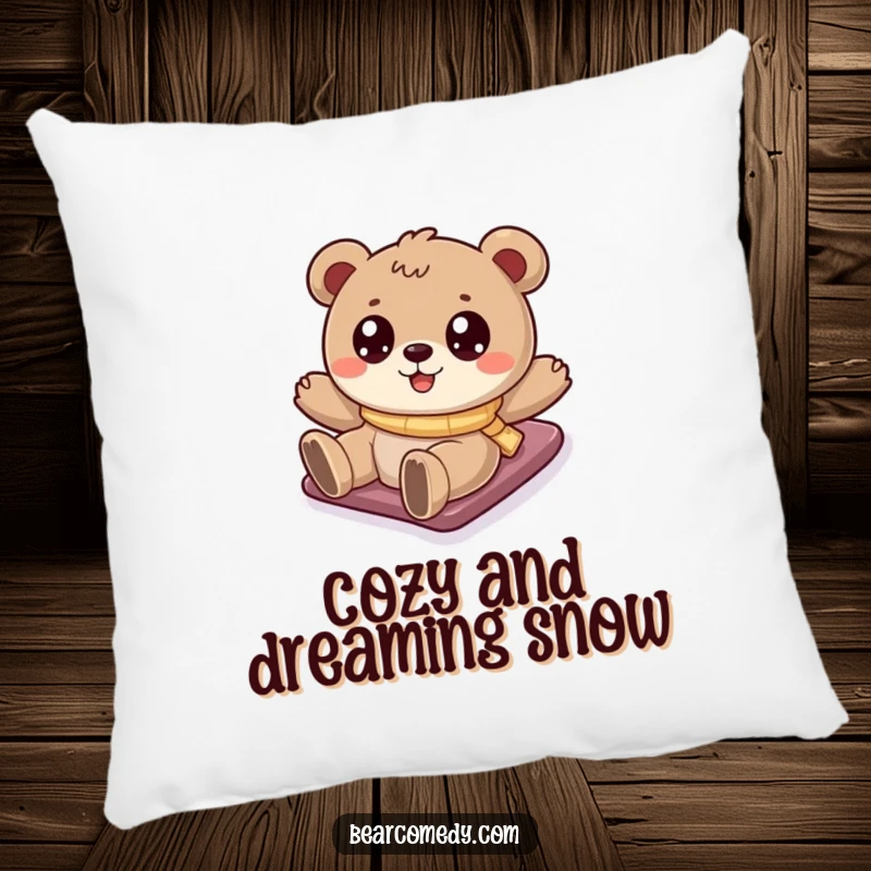 Funny bear pillow featuring a cartoony bear with sparkling eyes sliding down a snowy hill, adding festive cheer and comfort.