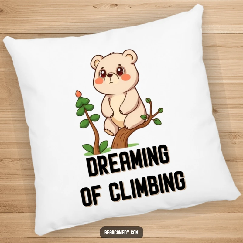Soft funny determined bear character climbing a small tree on a pillow, offering comfort and motivation.