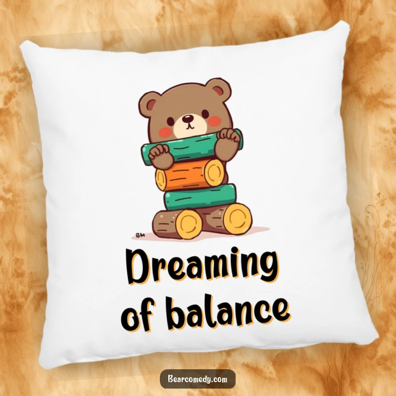 Funny bear pillow depicting a bear in a dramatic, funny pose trying to balance a huge stack of colorful logs, soft and amusing.