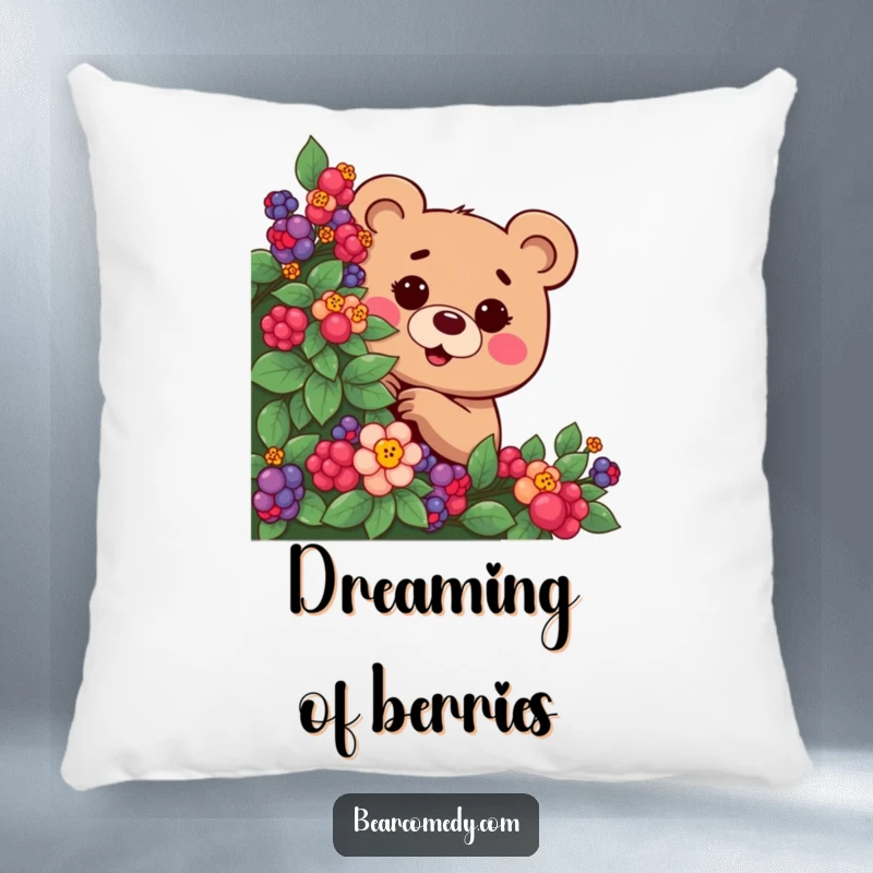 Funny pillow with a mischievous bear character, eyes twinkling, playfully peeking from a berry bush, offering playful comfort.
