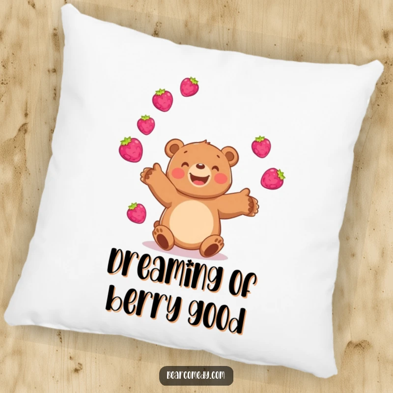 Funny bear pillow featuring a happy bear juggling bright, bouncing berries, offering comfort and a touch of fruity humor.