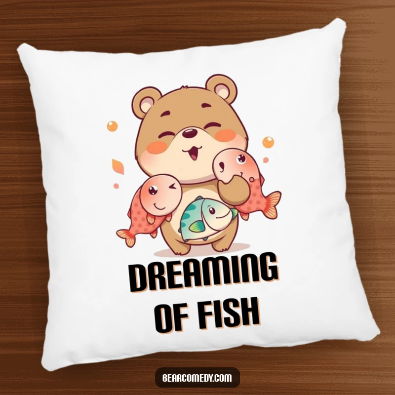 Funny pillow featuring a mischievous bear charactere winking while juggling oversized, bright fish, adding comfort and a humorous touch.