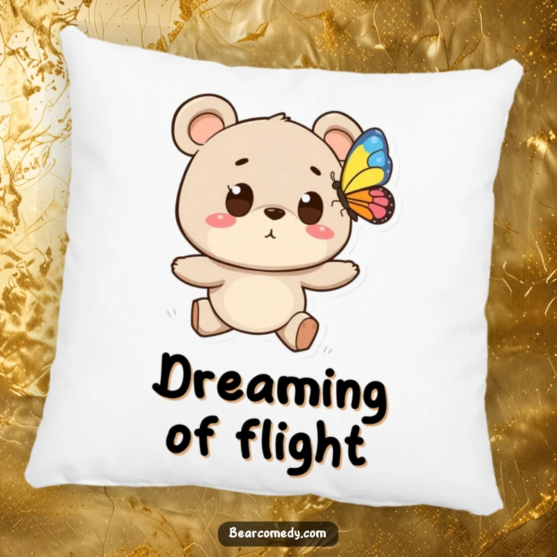 Funny pillow featuring a bear character with wide eyes chasing a butterfly, offering soft comfort and whimsical, nature-themed humor.