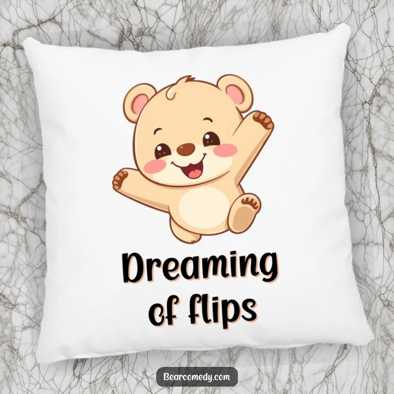 Funny pillow with a bear cub doing a somersault with a wide grin, offering soft comfort and a delightful dose of playful cheer.