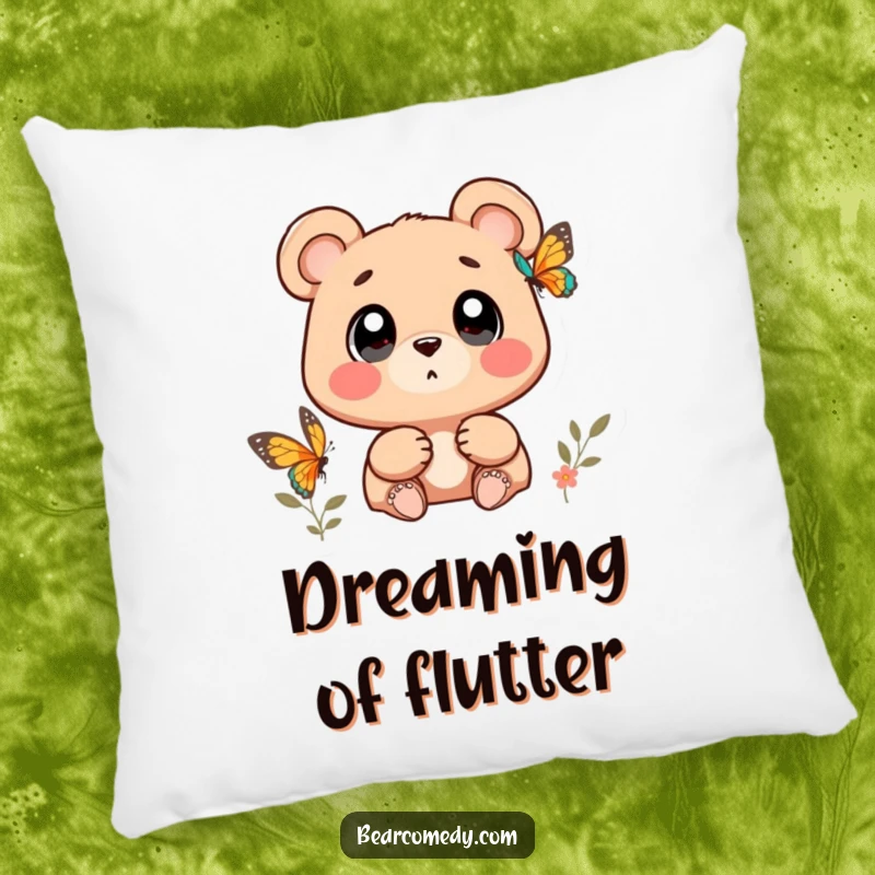 Soft funny bear character with wide, wondering eyes watching a butterfly on a pillow, for cozy wonder.