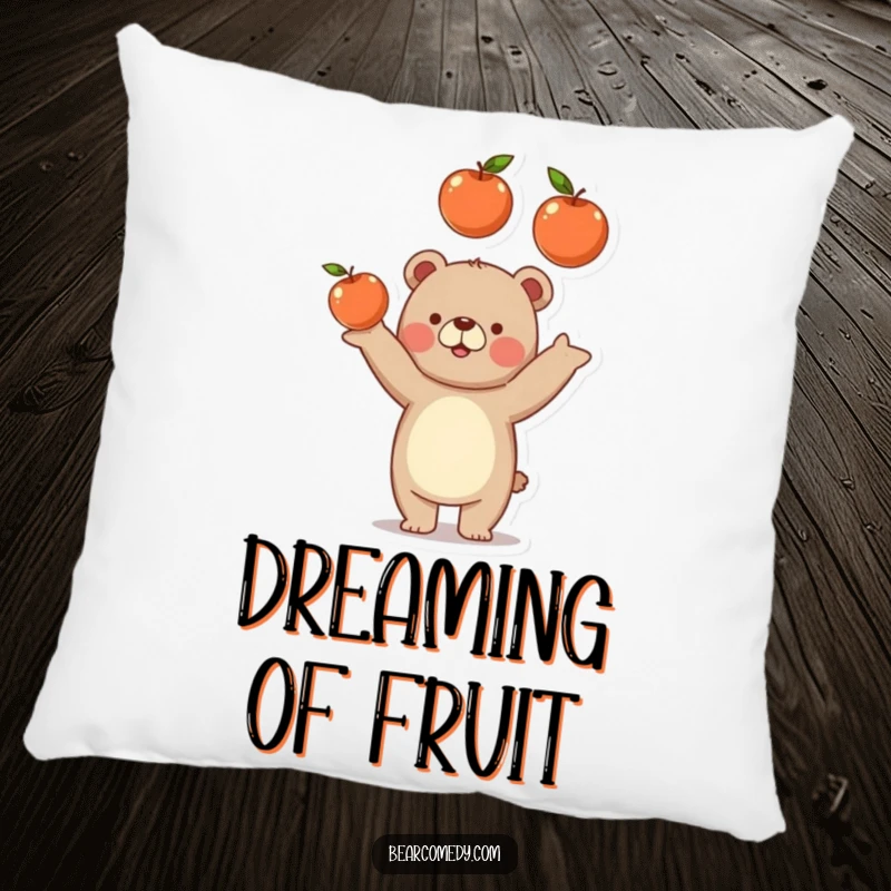 Funny bear pillow showing a happy bear playfully juggling three round, juicy apples, soft and delightfully humorous.
