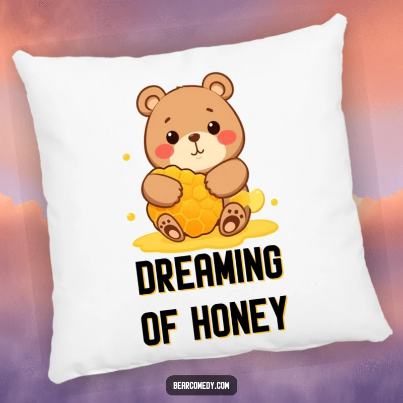 Funny pillow showcasing a round bear with a wide smile, hugging a giant honeycomb, offering sweet comfort and funny vibes.