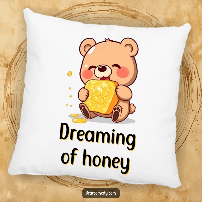 Funny pillow featuring a happy bear charactereating a gigantic, shimmering honeycomb, adding a touch of comfort and humor to any room.
