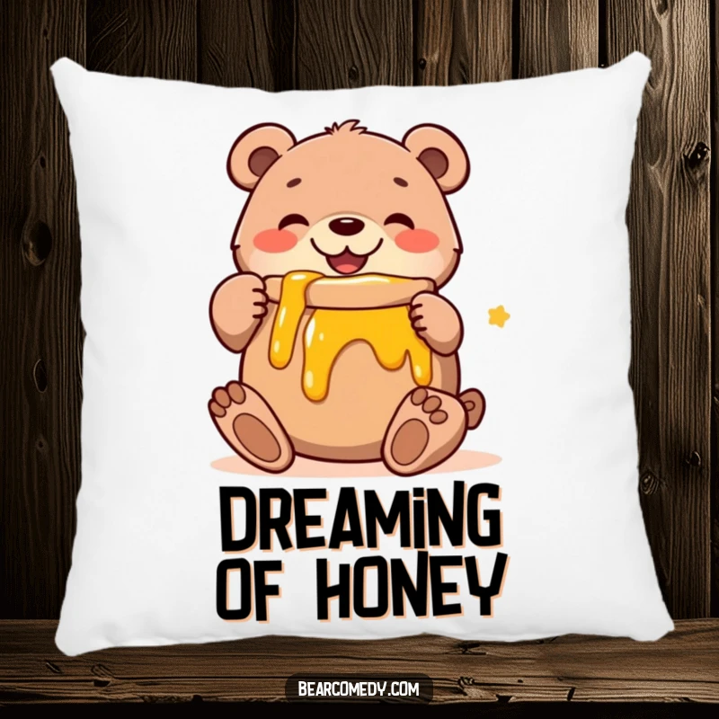 Funny pillow showcasing a gleeful bear character in a warm hug with a giant pot of honey, bringing comfort and cheer.