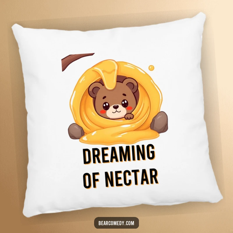 Funny pillow with a bear character wide-eyed peeking from a giant, swirling honey stream, offering plush, sweet comfort.