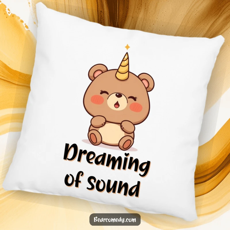 Funny bear pillow featuring a character with rosy cheeks, poised to blow a magical, glowing horn, evoking wonder.