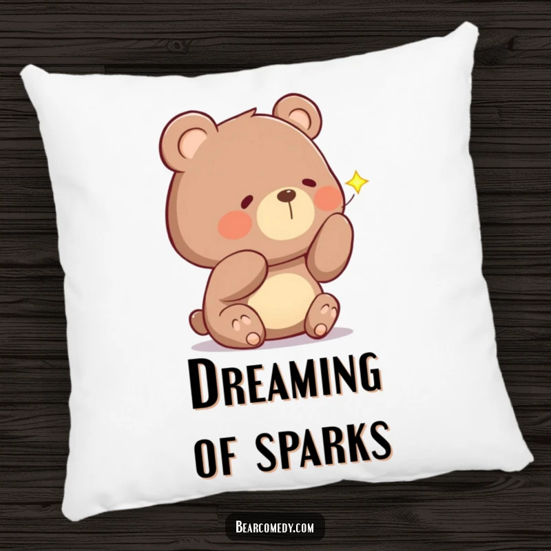 Funny pillow with a curious bear character, head tilted, examining a sparkling firefly, offering cozy nighttime wonder.
