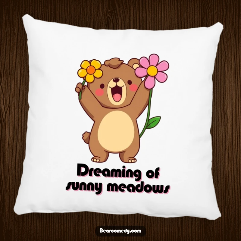 Funny pillow featuring a bear character with a proud roar, holding a brightly colored flower aloft.