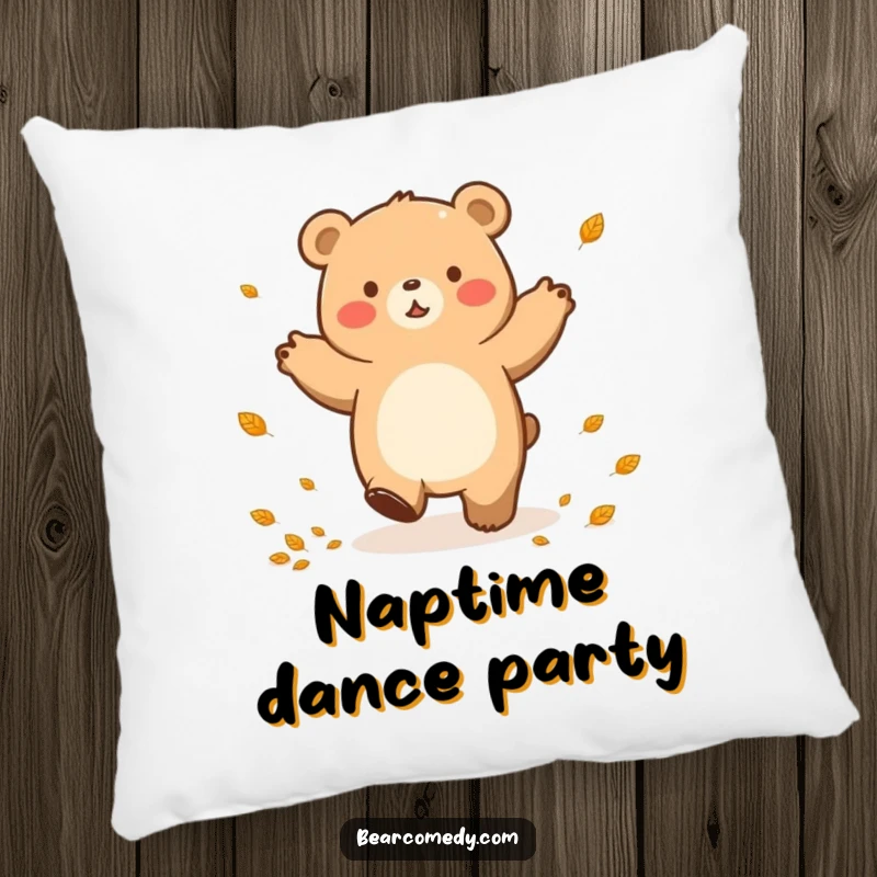 Funny pillow illustration of a bear character in a happy lumbering dance, surrounded by small, colorful autumn leaves.