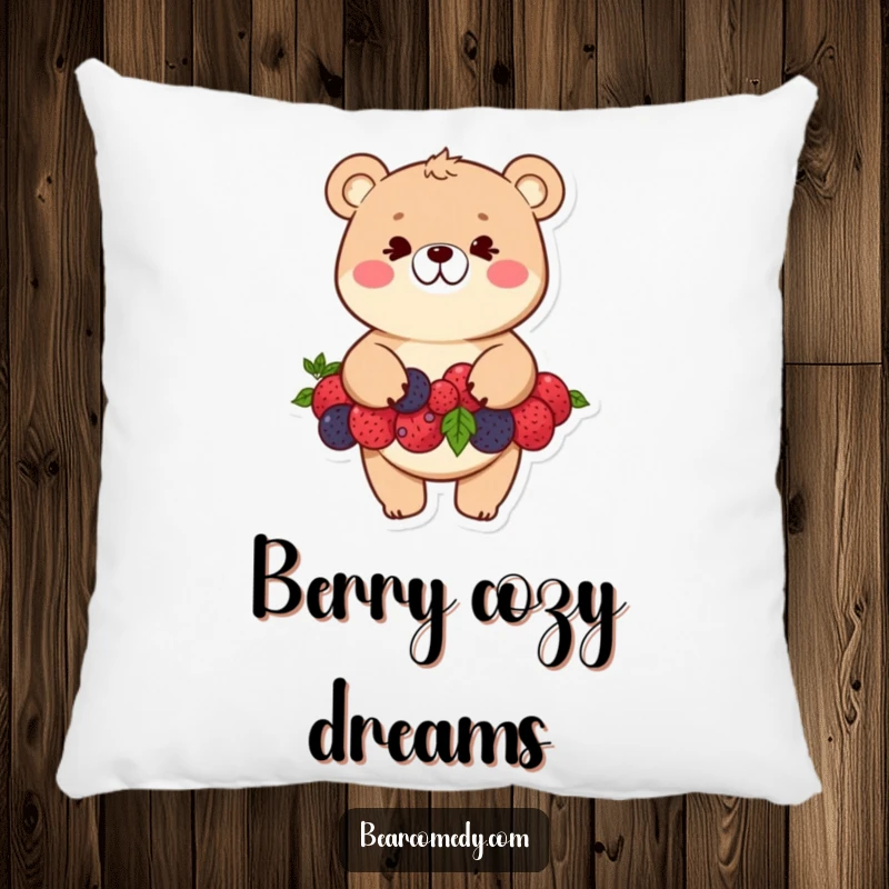 Funny bear pillow featuring a mischievous character gleefully balancing a stack of colorful berries with a wide, happy grin.