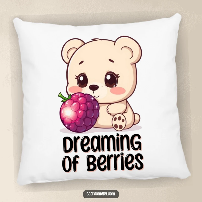 Funny pillow showcasing a bear character with wide, innocent eyes, curiously investigating a giant, sparkling berry, perfect for cozying up.