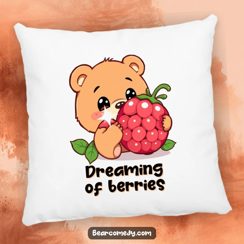 Funny pillow showcasing a bear character with wide, innocent eyes, curiously sniffing a giant, sparkling berry, symbolizing sweet dreams and curiosity.